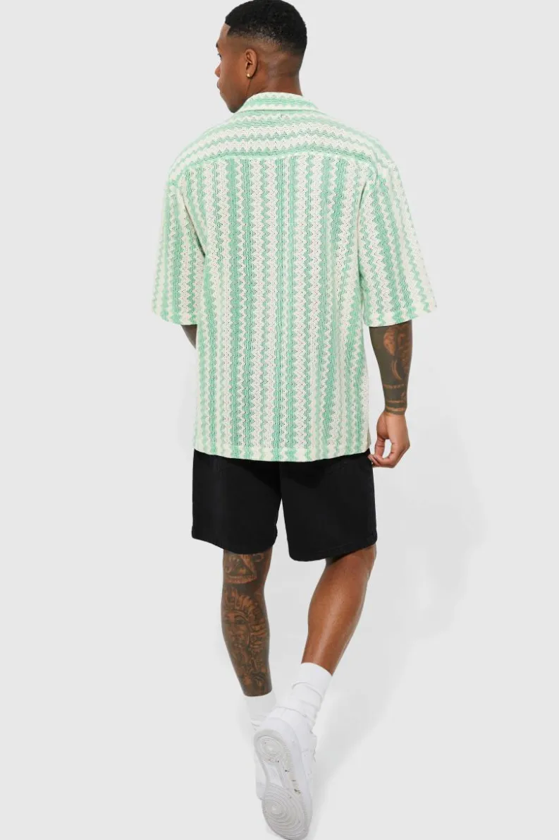 Cheap boohooMAN Short Sleeve Drop Revere Zig Zag Open Weave Shirt green