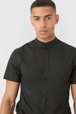 Cheap boohooMAN Short Sleeve Grandad Collar Slim Fit Shirt black