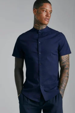 Online boohooMAN Short Sleeve Grandad Slim Fit Shirt navy