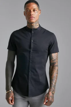 Flash Sale boohooMAN Short Sleeve Grandad Slim Fit Shirt black