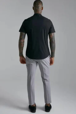 New boohooMAN Short Sleeve Grandad Stretch Fit Shirt black