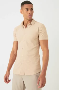 Best Sale boohooMAN Short Sleeve Honeycomb Muscle Fit Shirt stone