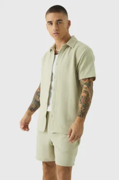 Hot boohooMAN Short Sleeve Jersey Herringbone Shirt And Short Set stone