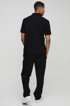 Online boohooMAN Short Sleeve Jersey Herringbone Shirt And Trouser Set black