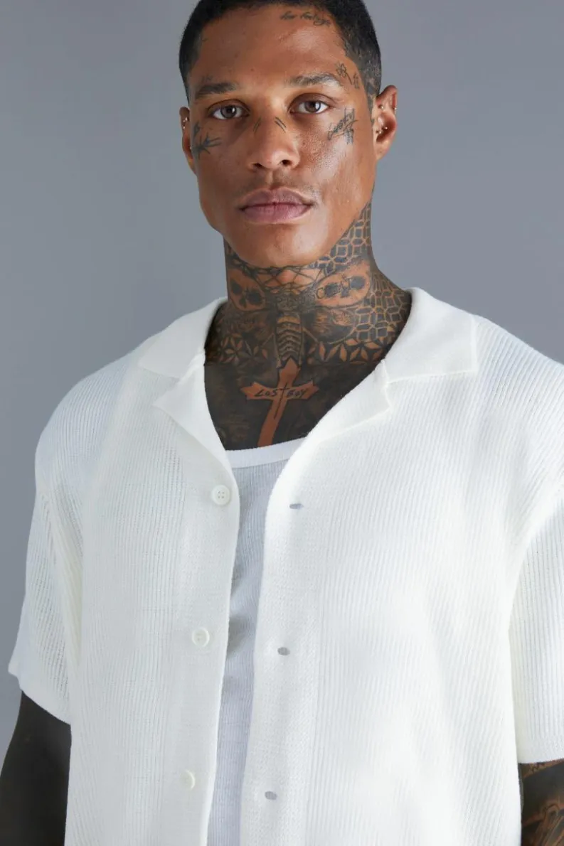 Flash Sale boohooMAN Short Sleeve Knitted Pleated Revere Shirt ecru