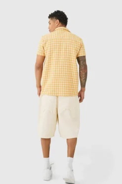 Sale boohooMAN Short Sleeve Linen Look Houndstooth Shirt mustard