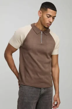 Hot boohooMAN Short Sleeve Muscle Fit Raglan Colour Block Knit Polo taupe