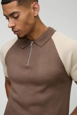 Hot boohooMAN Short Sleeve Muscle Fit Raglan Colour Block Knit Polo taupe