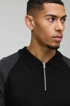 Discount boohooMAN Short Sleeve Muscle Fit Raglan Colour Block Knit Polo black