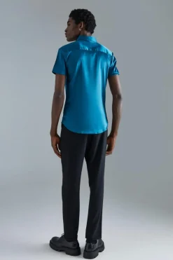 Hot boohooMAN Short Sleeve Muscle Satin Shirt teal