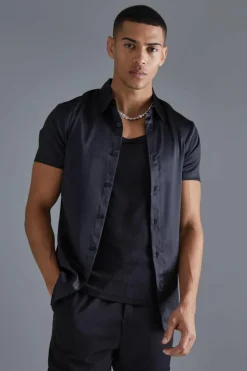 Fashion boohooMAN Short Sleeve Muscle Satin Shirt black