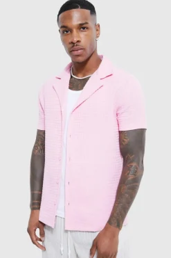 Cheap boohooMAN Short Sleeve Muscle Waffle Revere Shirt light pink