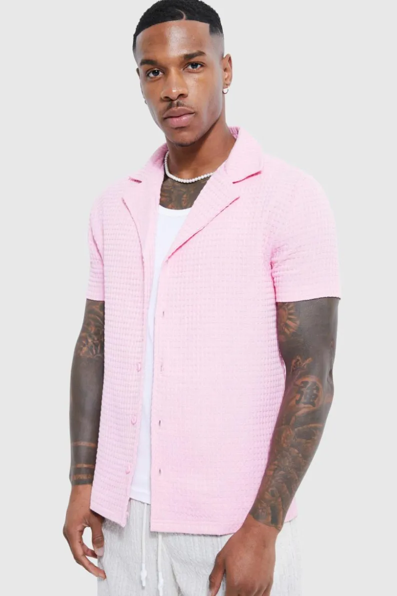 Cheap boohooMAN Short Sleeve Muscle Waffle Revere Shirt light pink
