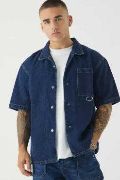 Clearance boohooMAN Short Sleeve Oversized Boxy Revere Denim Shirt indigo