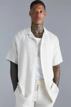Cheap boohooMAN Short Sleeve Oversized Linen Revere Shirt natural