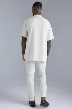 Cheap boohooMAN Short Sleeve Oversized Linen Revere Shirt natural