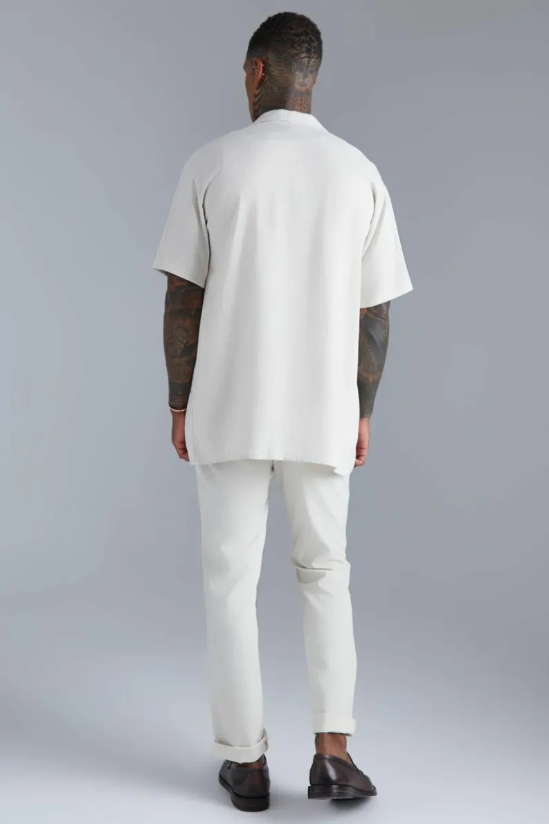 Cheap boohooMAN Short Sleeve Oversized Linen Revere Shirt natural