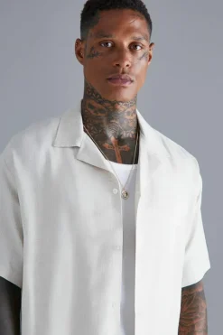 Cheap boohooMAN Short Sleeve Oversized Linen Revere Shirt natural