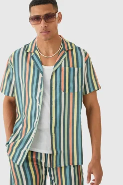 Online boohooMAN Short Sleeve Oversized Revere Stripe Shirt multi