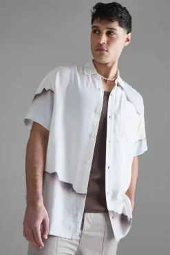 Hot boohooMAN Short Sleeve Oversized Viscose Blur Burnt Paper Shirt white