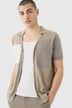 Hot boohooMAN Short Sleeve Revere Colour Block Knitted Shirt taupe