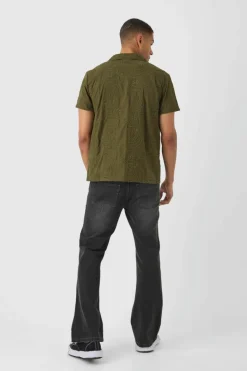 Outlet boohooMAN Short Sleeve Revere Embroidered Artwork Shirt khaki