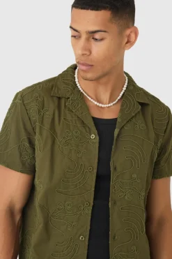 Outlet boohooMAN Short Sleeve Revere Embroidered Artwork Shirt khaki