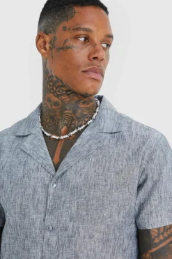 New boohooMAN Short Sleeve Revere Linen Look Shirt black