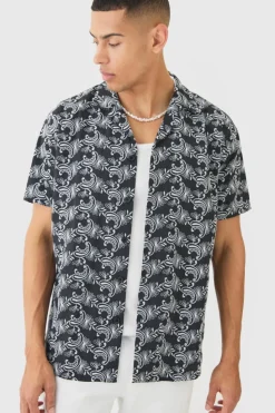 Sale boohooMAN Short Sleeve Revere Oversized Embroidered Geo Shirt black