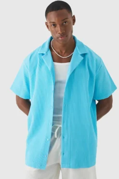 Clearance boohooMAN Short Sleeve Revere Oversized Pleated Shirt aqua