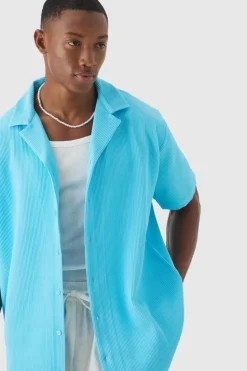 Clearance boohooMAN Short Sleeve Revere Oversized Pleated Shirt aqua