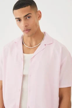 Online boohooMAN Short Sleeve Revere Oversized Linen Shirt dusty pink