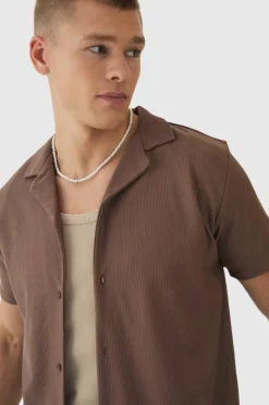 Fashion boohooMAN Short Sleeve Revere Rib Jersey Shirt coffee