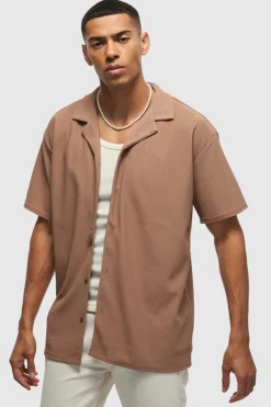 Hot boohooMAN Short Sleeve Ribbed Oversized Shirt taupe