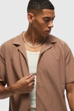 Hot boohooMAN Short Sleeve Ribbed Oversized Shirt taupe