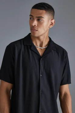 Fashion boohooMAN Short Sleeve Ribbed Revere Oversized Shirt black