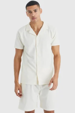 Online boohooMAN Short Sleeve Ribbed Shirt And Short Set ecru