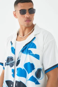 Sale boohooMAN Short Sleeve Satin Boxy Floral Shirt white