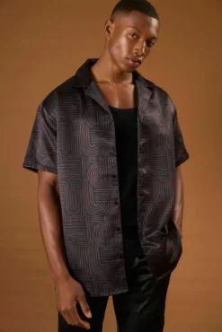 Hot boohooMAN Short Sleeve Satin Oversized Monogram Shirt chocolate