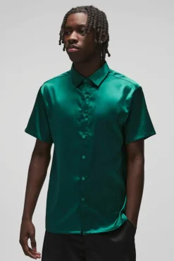 Outlet boohooMAN Short Sleeve Satin Regular Shirt forest