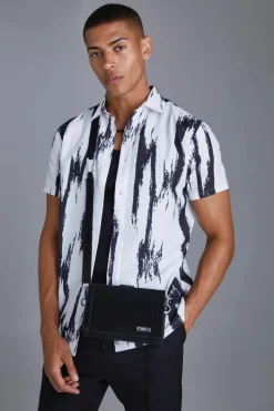 Sale boohooMAN Short Sleeve Slub Large Scale Abstract Shirt ecru