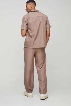 Online boohooMAN Short Sleeve Soft Twill Smart Shirt & Trouser Set taupe