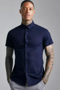 New boohooMAN Short Sleeve Stretch Fit Shirt navy