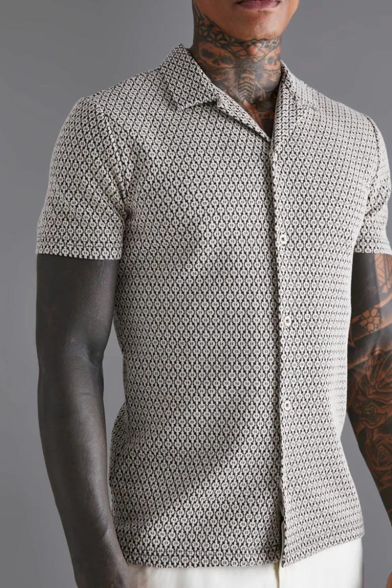 Hot boohooMAN Short Sleeve Stretch Mini Geo Shirt taupe