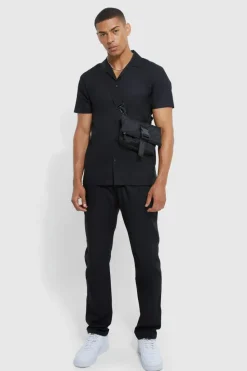 Best boohooMAN Short Sleeve Stretch Shirt & Slim Trouser black