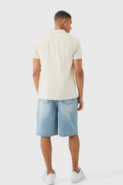 Flash Sale boohooMAN Short Sleeve Textured Multi Stripe Pocket Shirt blue