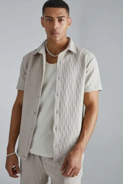 Sale boohooMAN Short Sleeve Textured Stretch Shirt And Trousers Set stone