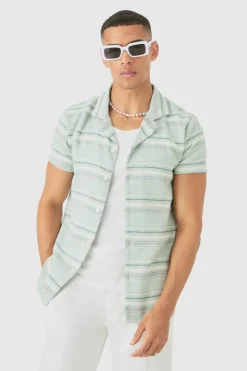 Outlet boohooMAN Short Sleeve Textured Stripe Shirt green