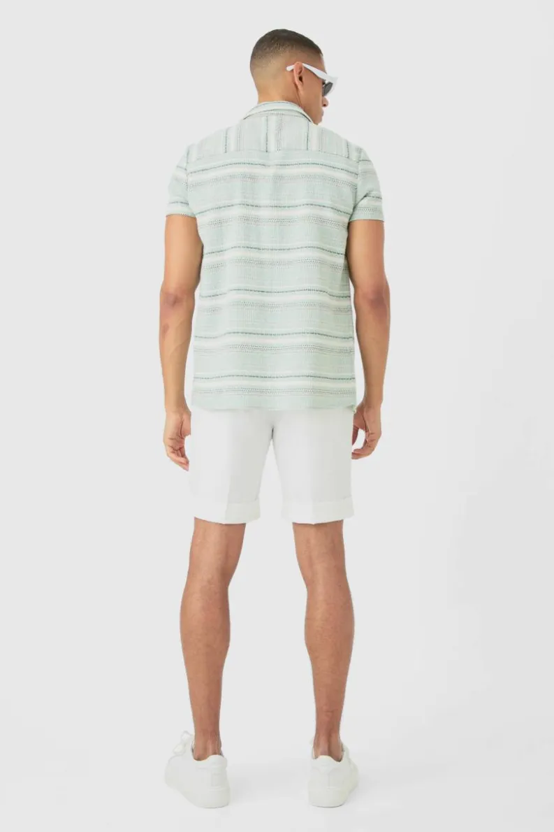 Outlet boohooMAN Short Sleeve Textured Stripe Shirt green