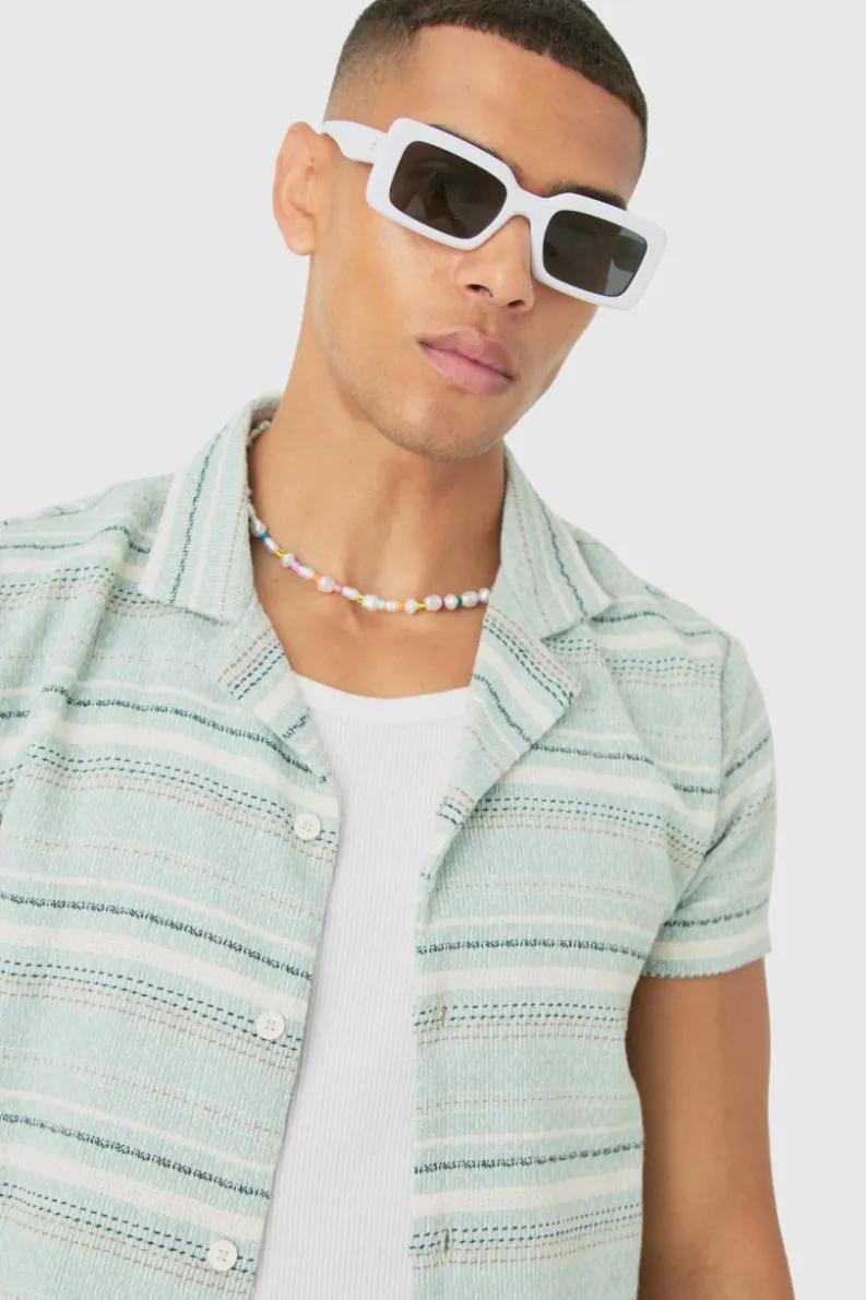 Outlet boohooMAN Short Sleeve Textured Stripe Shirt green